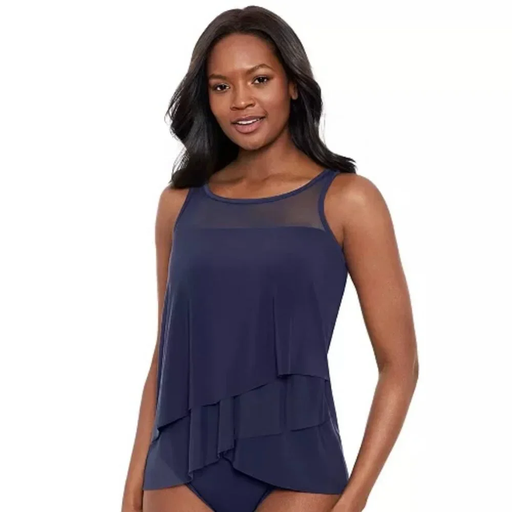 Miraclesuit Underwire Tankini Top Only Mirage 10 Navy Blue Mesh Adjustable Strap